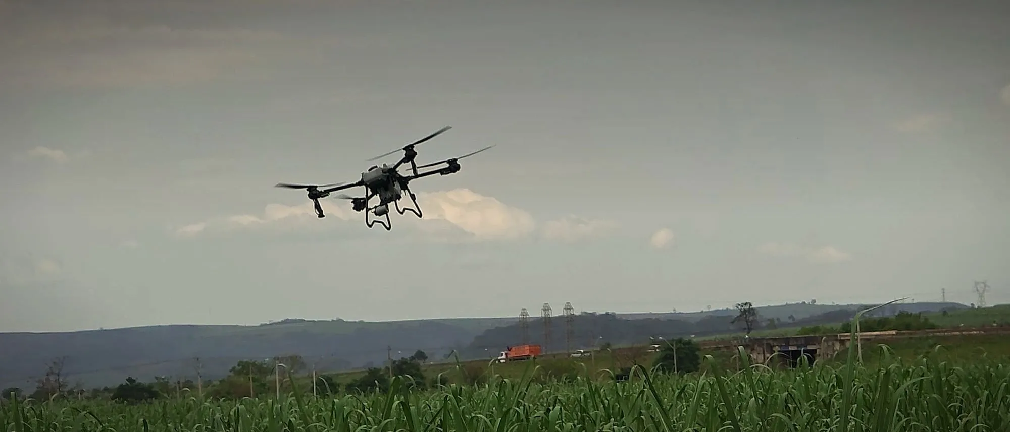 Drone DJI Agras em voo sobre um canavial, com morros ao fundo e céu nublado