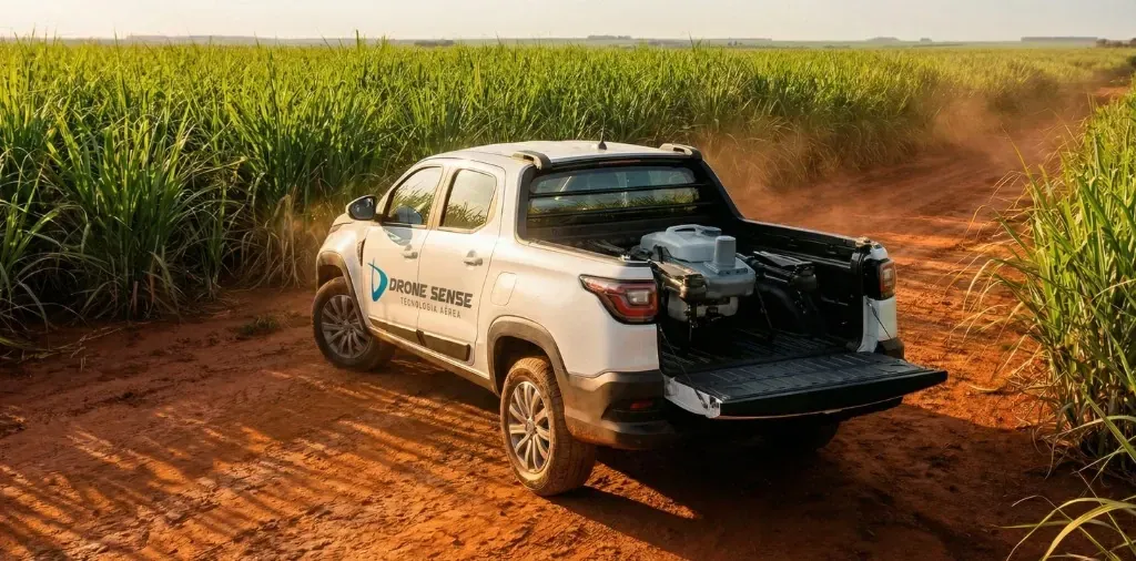 Caminhonete Drone Sense em estrada de terra na lavoura