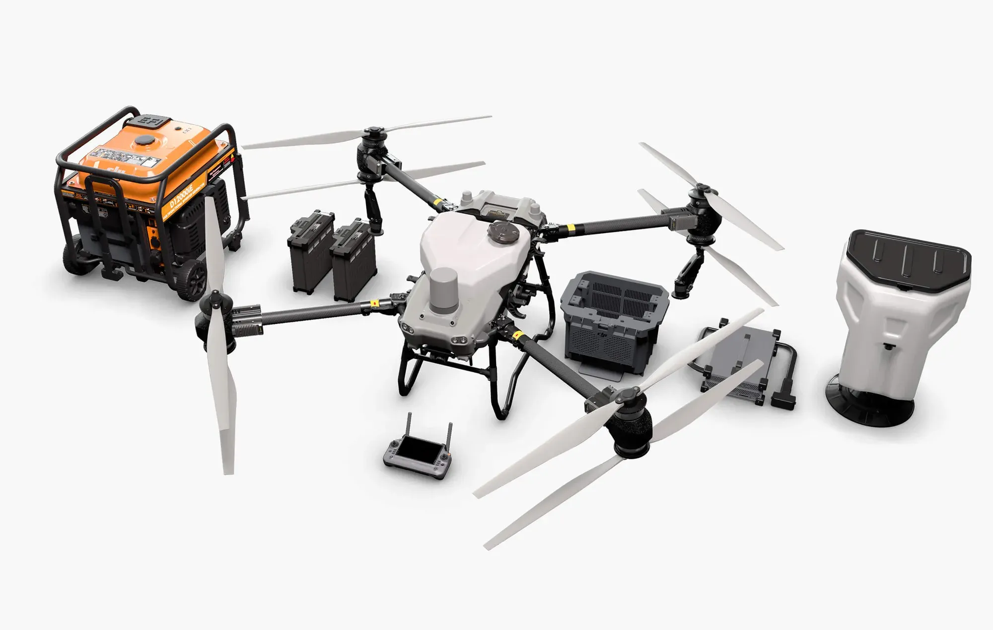 Kit completo do DJI Agras T50 com gerador, baterias, controle e dispersor