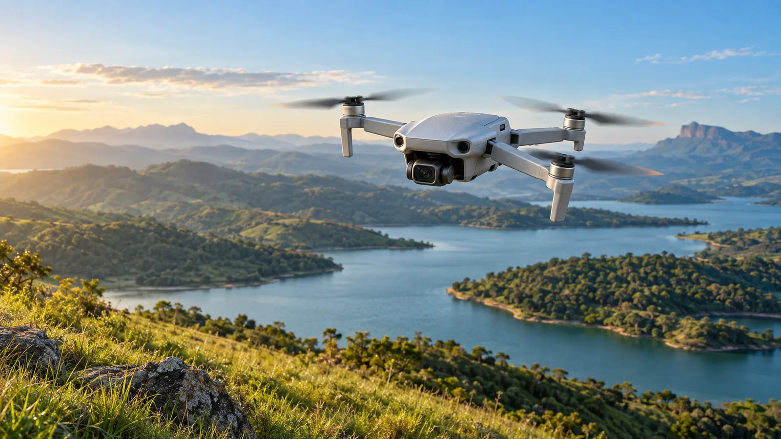 Ilustração de drone compacto com câmera sobre paisagem de lago e montanhas.