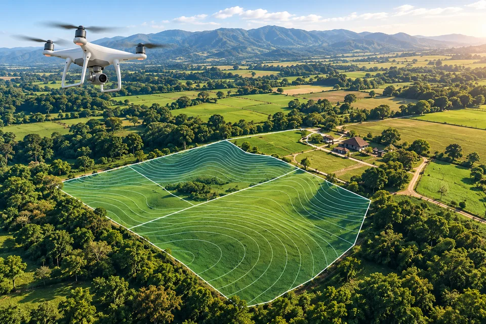 Ilustração de drone sobre paisagem rural com curvas de nível, representando o trabalho de mapeamento