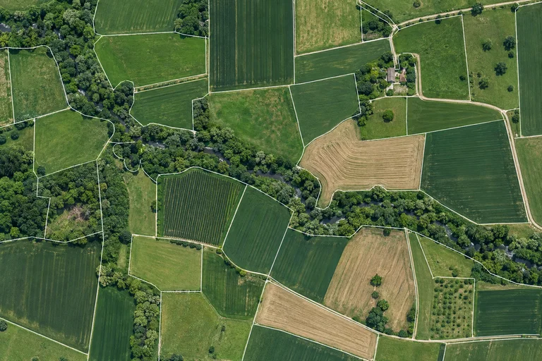 Imagem ilustrativa de uma área agrícola vista de cima, com parcelas delimitadas