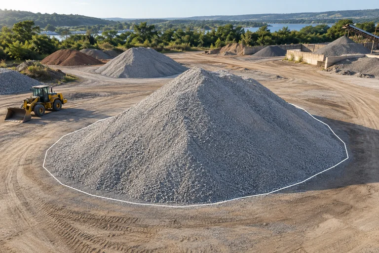 Imagem ilustrativa de uma pilha de material em um pátio, com contorno da área de medição