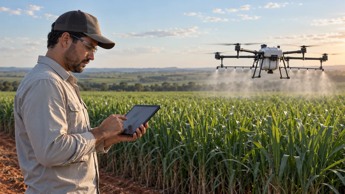 Operador de drone agrícola estudando num tablet na beira de um canavial, com um drone de pulverização trabalhando ao fundo